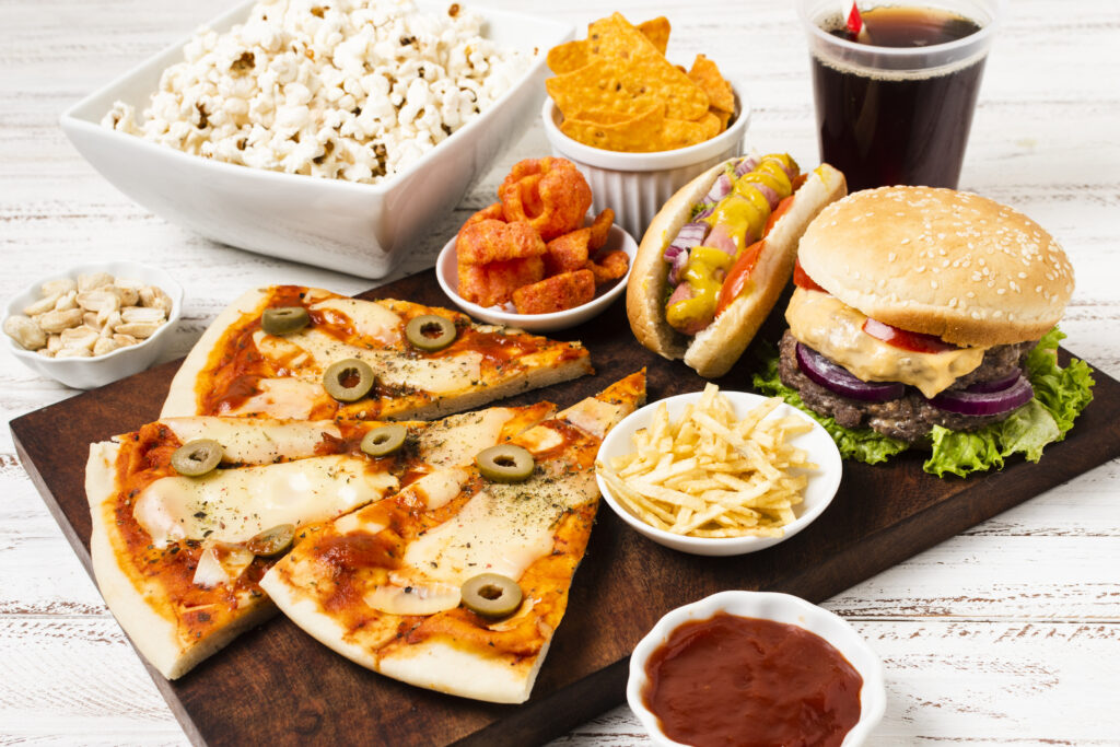 high-angle-fast-food-white-table